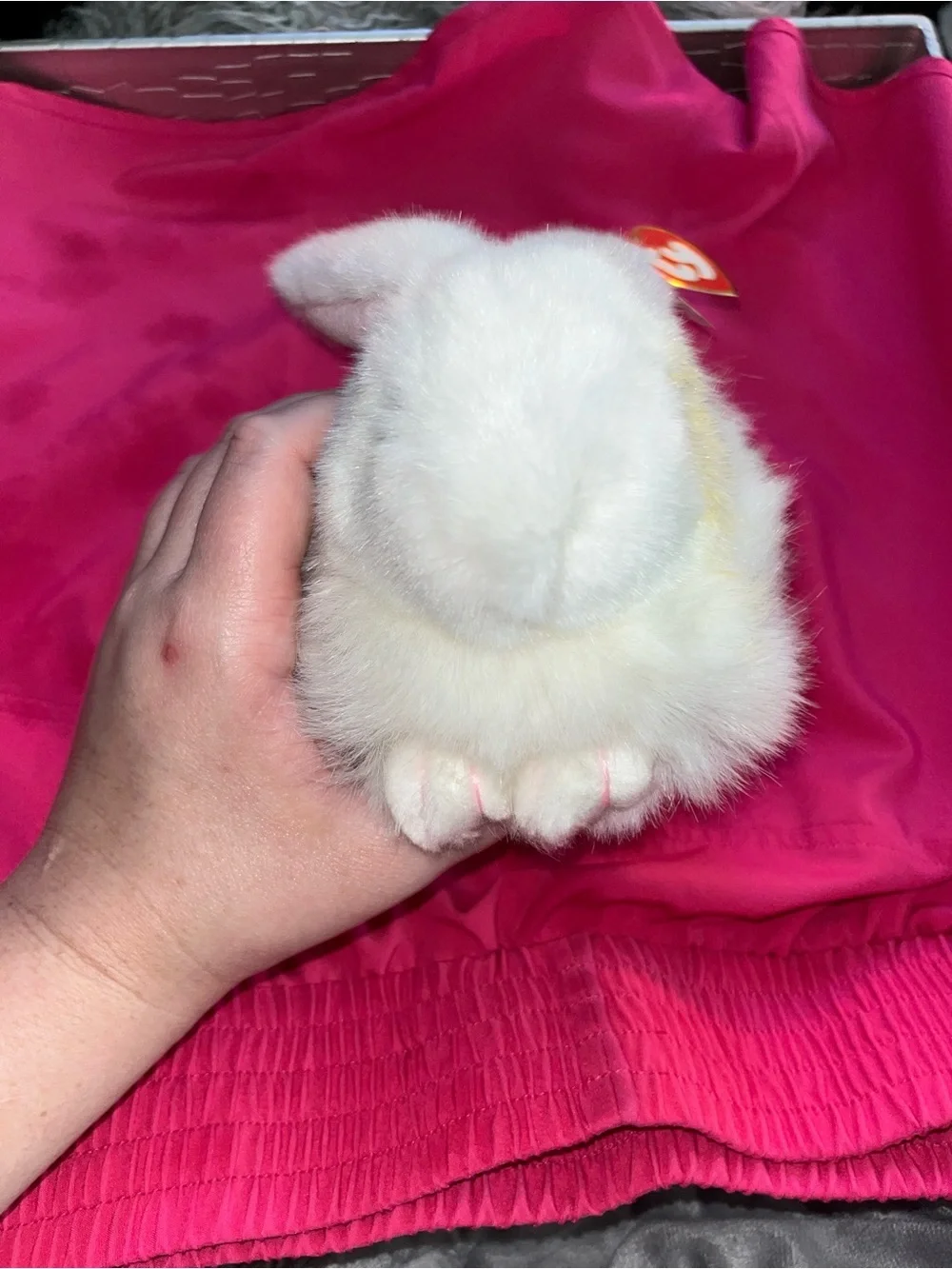 Ty Nibbles White Plush Bunny Small Pet Toy with Pink Ear